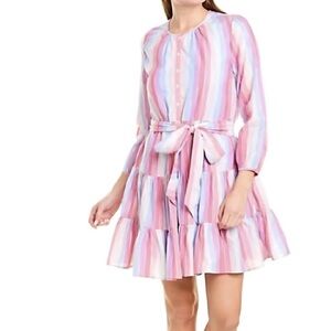 J. Crew Belted Button-Up Dress in Pastel Stripes Pink Blue